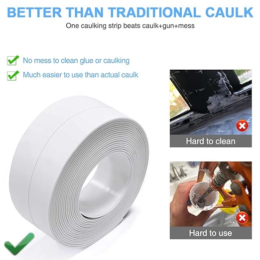 2 Rolls Caulk Tape Self Adhesive, Bathroom Waterproof White Caulking Sealant Strip Peel & Stick Wallpaper Floor Tile Toilet Tub Sink Backsplash Kitchen Wall Decor, Easier to Use Than Silicone Caulk
