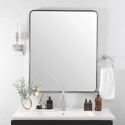 ANDY STAR Chrome Bathroom Mirror, 30x36’’ Rounded Rectangle Mirror Polished Silver Bathroom Vanity Mirror Metal Framed, SUS304-Anti-Rust, Tube Frame, Wall-Mounted Horizontal/Vertical 1’’ Deep