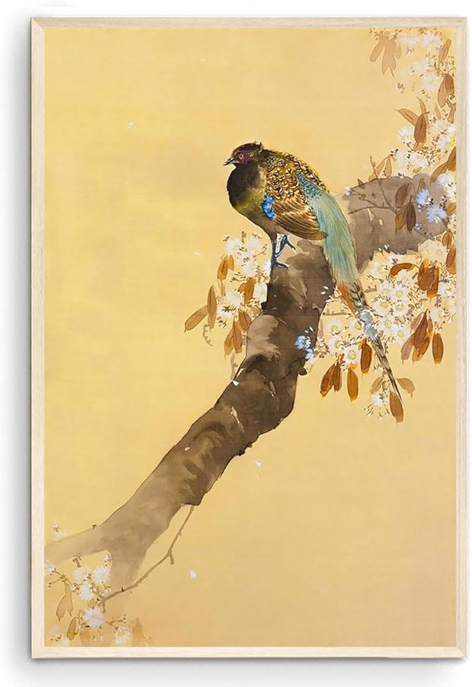 OZCONO Japanese Birds and Pine Trees Wall Art Print, Pink Sky Nature Scene, Gallery Quality Giclée Print, UV-Resistant Inks (18L x 12W)