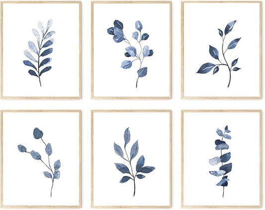 Navy Blue Botanical Wall Art Set of 6 Unframed, Minimalist Abstract Botanical Prints Watercolor Blue White Leaf Plant Wall Decor Canvas Painting, Boho Floral Botanical Wall Decor for Bathroom, Living Room