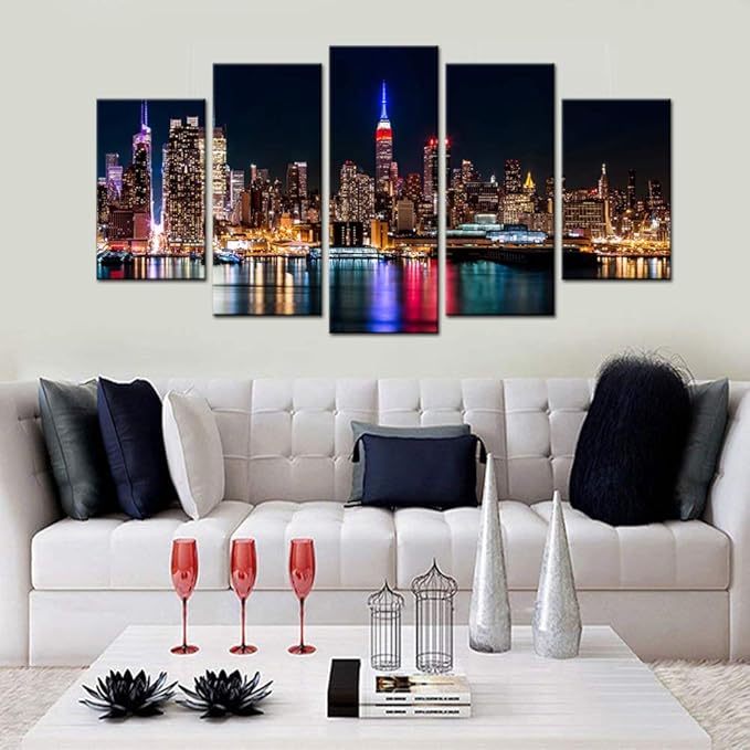 Biuteawal Large 5 Piece New York City Canvas Wall Art Manhattan Skyline at Night Picture Prints Modern Home Office Wall Decoration Gallery Wrapped Ready to Hang