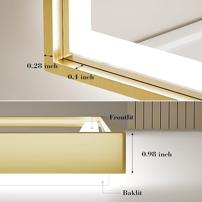 55X36 Inch Led Bathroom Mirror,Frontlit and Backlit Lighted Mirror,Gold Metal Frame Vanity Mirror for Wall,Double Lights Strips,Anti Fog Stepless 3 Colors Temperature & Dimmable