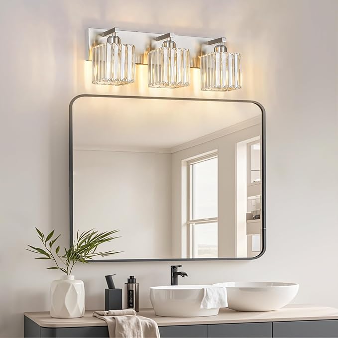 Modern Vanity Light 3-Lights Brushed Nickel Vanity Light Crystal Bathroom Wall Light Bathroom Light Fixtures