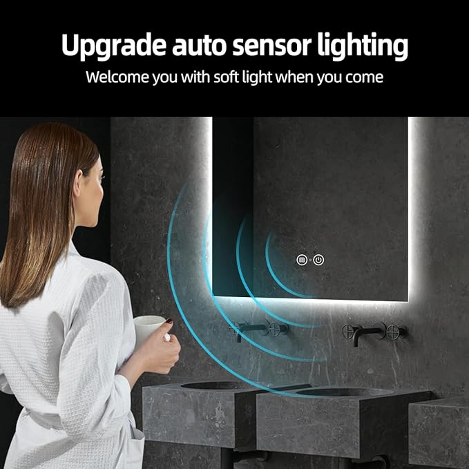 Backlit LED Bathroom Mirror, Infrared Motion Sensor Vanity Mirror with 3-Color Lights, Stepless Dimmable Wall Lighted Mirror with Anti-Fog, Memory, Rectangular (36" L x 24" W)