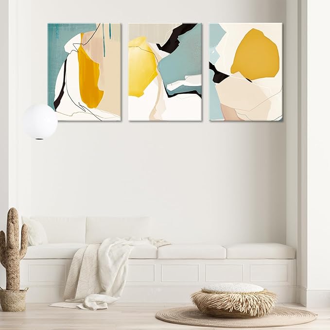 Abstract Wall Art Set of 3 – Modern Mid Century Canvas poster Prints with Geometric Shapes, Minimalist Yellow Teal Beige Artwork for Living Room, Bedroom, Office, Bathroom Wall Décor,Frame 16x24in