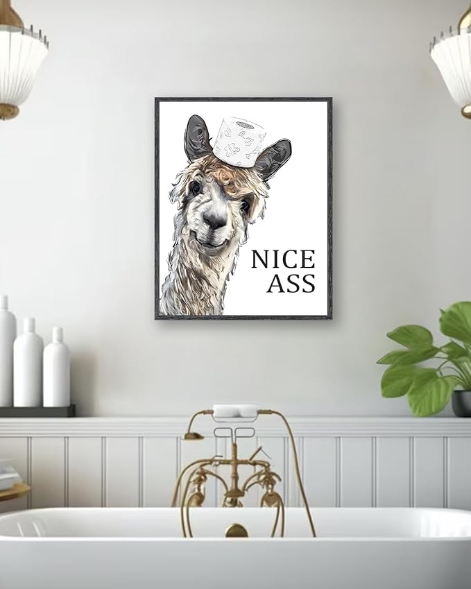 KBKBART Framed Funny Bathroom Decor Wall Art, 12x16Inch Farmhouse Wall Decor Sign, Humor Sheep Canvas Bathroom Picture Wall Decor, Cute Animal Art Prints Ready to Hang