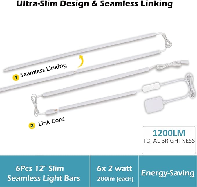 LED Under Cabinet Lighting 6-Pack 12 inch Seamlessly Linkable Strip Light Bars for Cabinet, Kitchen, Shelf, Workbench, Cupboard Lighting, 1200 Lumen (Warm White 3000K)