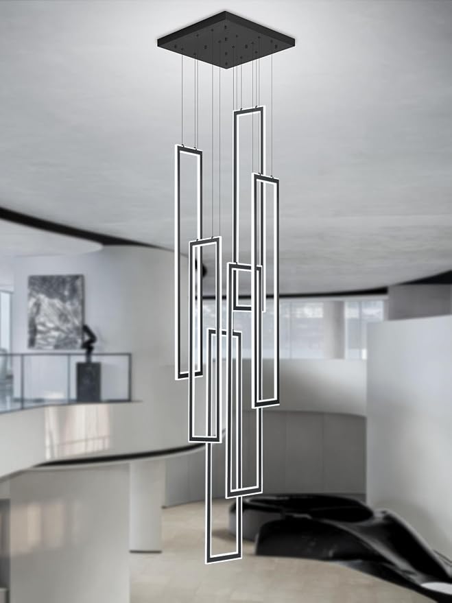 6-Rings Modern Chandelier,H138 Rectangle Chandeliers for Staircase,LED Dimmable High Ceiling Chandeliers Large Contemporary Chandelier for Villa Foyer Black