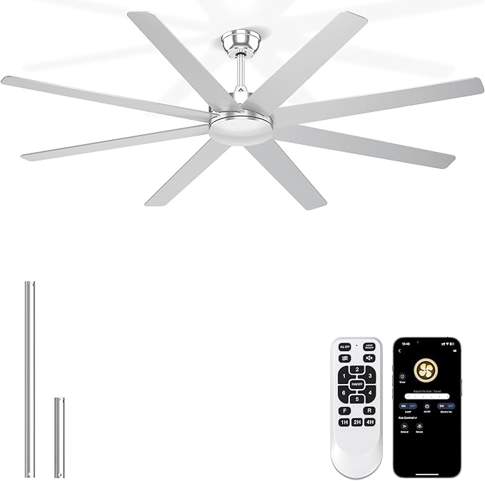 72'' Silver Ceiling Fans With No Lights, 8 Blades Large Ceiling Fan Remote/APP Control, Silent Shop Ceiling Fan for Garage Covered Outdoors