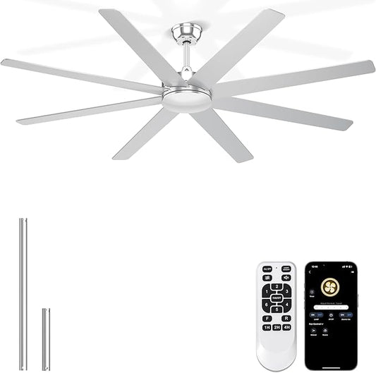 72'' Silver Ceiling Fans With No Lights, 8 Blades Large Ceiling Fan Remote/APP Control, Silent Shop Ceiling Fan for Garage Covered Outdoors
