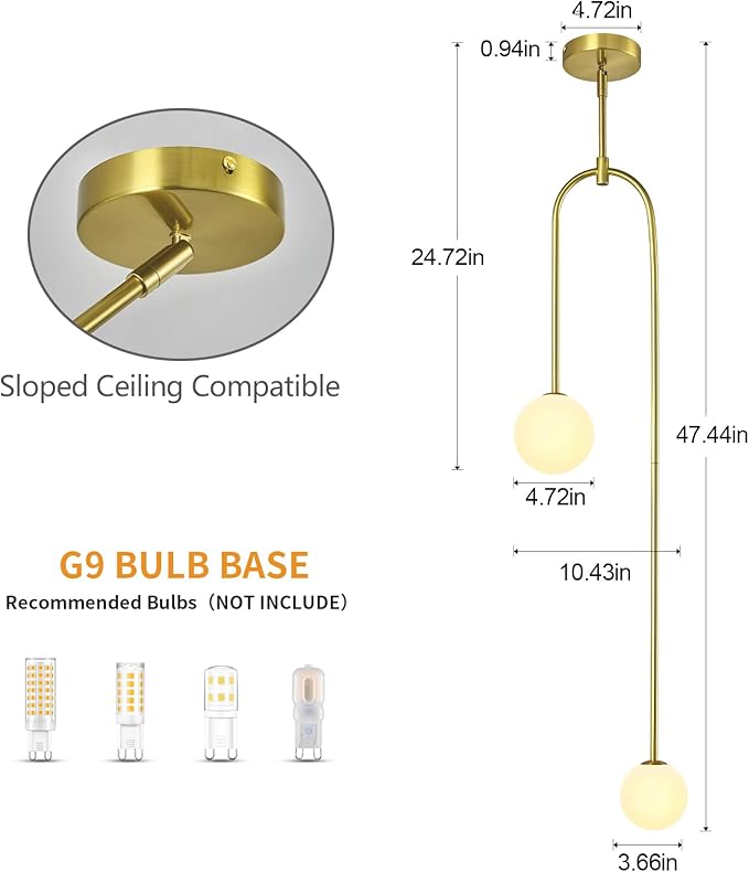 Modern Milk Glass Pendant Light 2 Light Mid Century Chandelier Small Glass Globe Gold Pendant Lights for Kitchen Island Bedroom Dining (Metal Tube Removable, 2 Pack)