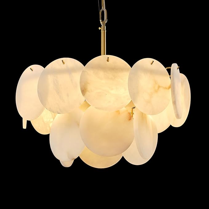 Alabaster Round Chandelier, 18.1" Natural Spanish Marble Stone Texture Chandeliers, 4-Light Dimmable Alabaster Chandelier, Modern Luxury Lighting for Living Room, Bedroom, Hallway