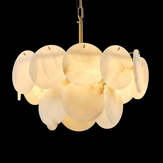 Alabaster Round Chandelier, 18.1" Natural Spanish Marble Stone Texture Chandeliers, 4-Light Dimmable Alabaster Chandelier, Modern Luxury Lighting for Living Room, Bedroom, Hallway