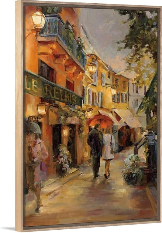 CANVAS ON DEMAND Evening in Paris Natural Wood Float Framed Canvas Wall Art Print by Marilyn Hageman, Traditional, Home Decor, Street Scene Artwork, Nature Artwork, 24" x36in