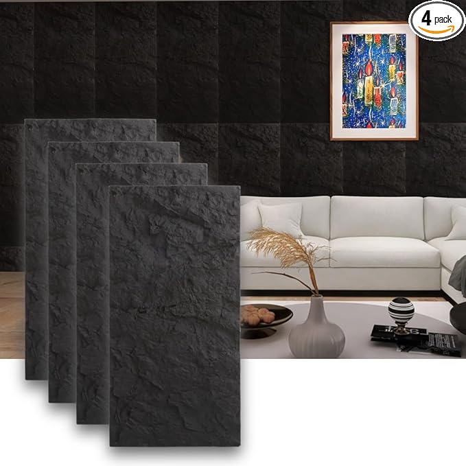 4-Pack 3D PU Stone Wall Panels for Interior Decor | Faux Stone Accent Tiles, Dark Black, 47.24"x23.62"x0.6" | Waterproof & Lightweight 3D Wall Design