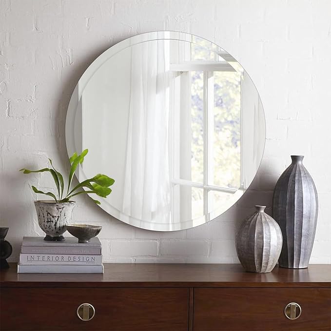 24 inch Beveled Bathroom Mirror, Frameless Round Mirror, 1" Polished Beveled Edge Circle Mirror for Bathroom, Living Room, Bedroom