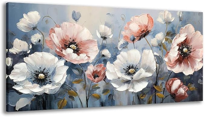 BYXART Pink & White Flower Canvas Painting Stunning Flower Canvas Wall Art In Light Blue-Gray Tone Background Floal Picture Abstract Artwork for Bedroom Living Room Office Bathroom Wall Decor 40Lx20W