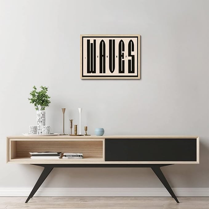 KISSFOX Retro WAVES Surf OAK Wood Framed Wall Art Farmhouse Coastal Typography Canvas Art Prints Rustic Southwestern Pictures Wall Decor Modern Mid Century Artwork For Gallery Entryway Living Room