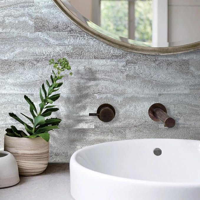 AULIGET 20-Piece Peel and Stick Backsplash Wall Tiles, 6" x 12" PVC Warm Grey Faux Stone Stick on Tiles for Backsplash Kitchen, Bathroom, Laundry Room, Camper, Fireplace