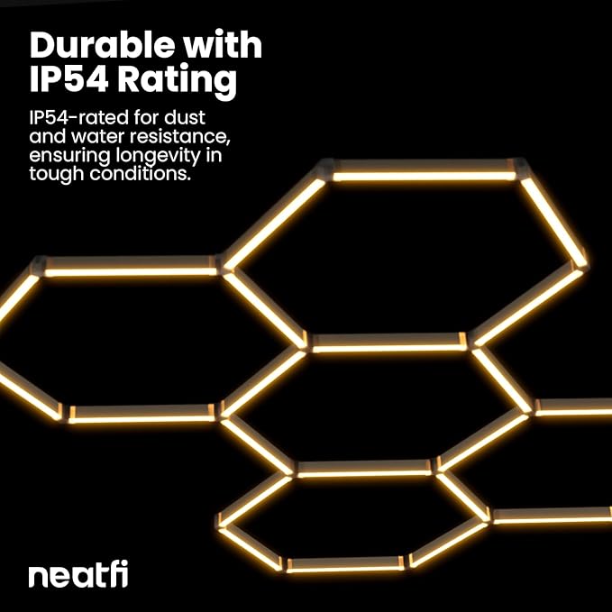 Neatfi LED Hexagon Garage Lights with 14,763 Lumens, 3 Light Modes (6900K/4300K/3000K), 133W Hexagon LED Lights for Car Detailing, Barber Shops, Basements, Beauty Salons & Gyms (5 Hex Grids, CCT)