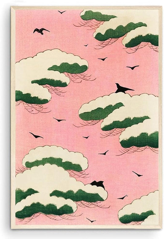 OZCONO Japanese Art Wall Print, Pink Sky with Birds and Trees, Vintage Style Minimalist Decor (11L x 9W)
