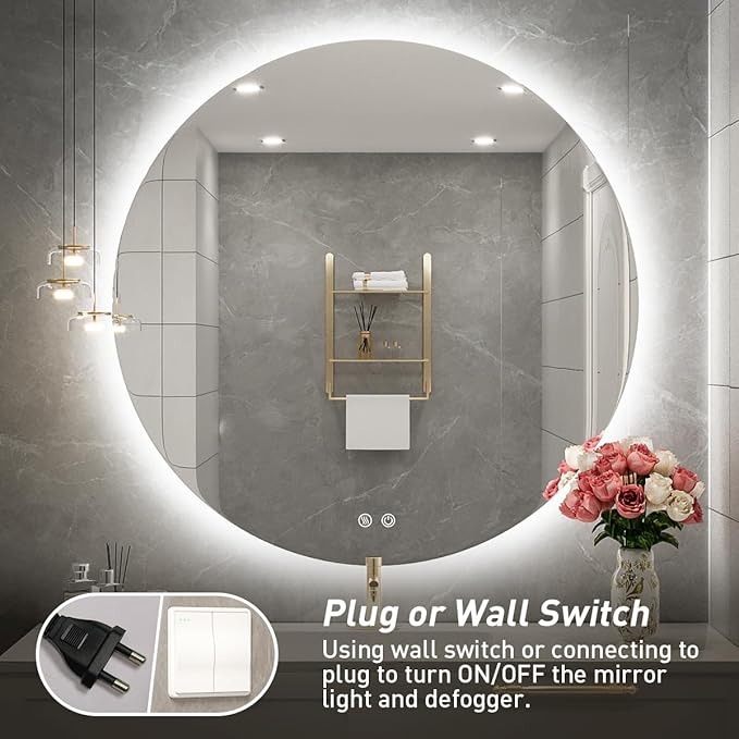 24 Inch Round LED Bathroom Mirror - 6000K Daylight Backlit, Anti-Fog & Dimmable, Frameless Waterproof Mirror with Touch Control, CRI90+, IP54 for Vanity & Makeup
