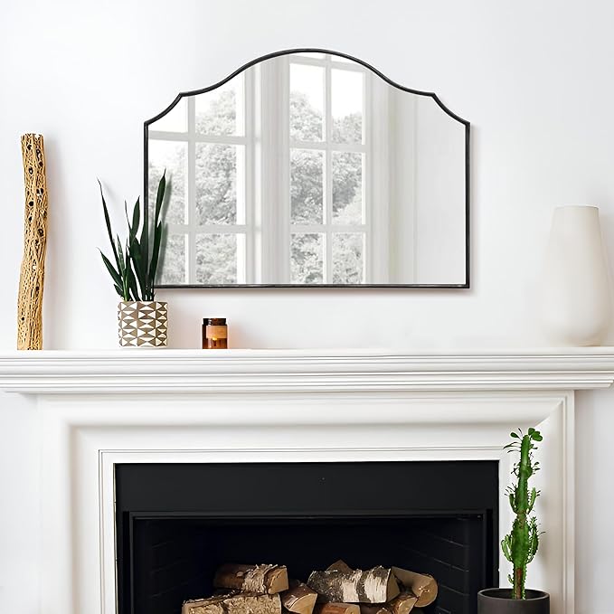 Black Scalloped Arched Mirror: 32"x24" Modern Wall Mirror - Minimalist Mantel Mirrors for Vanity/Bedroom/Entryway/Bathroom/Hallway - Home Decor for Small Apartment