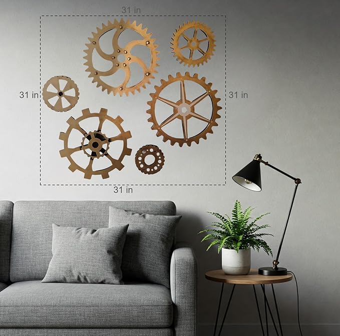 6 Piece Extra Large Vintage Wooden Gears Wooden Gears Wheels with Rustic Metal Look - Industrial Style Wall Decor Set for Home, Bar, Cafe, and DIY Crafts