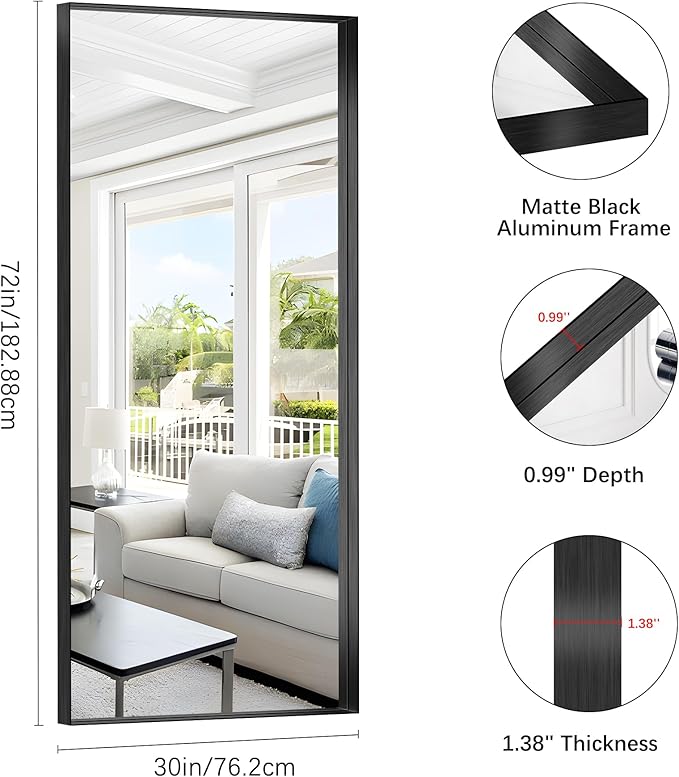 Black Bathroom Mirror, 72x30 Inch Rectangular Deep Frame Mirror, Large Wall Mounted Bathroom Vanity Mirror Over Sink for Bedroom,Restroom, Living Room, Hangs Vertically or Horizontally