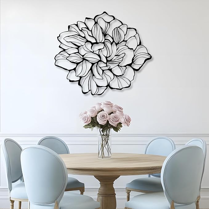 Bisamu Metal Flower Wall Art, Minimalist Floral Line Wall Decor for Living Room, Bedroom, Bathroom, Housewarming Gift for Women,Black Metal Wall Decor Art (30"x 26" | 76 x 65cm)