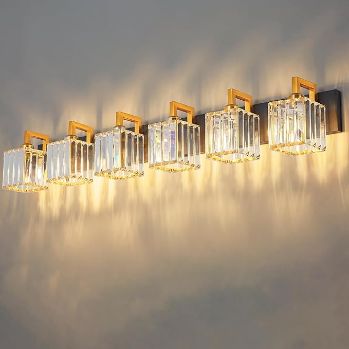 Modern Bathroom Vanity Light 6-Lights Black Gold Crystal Wall Lamp Bathroom Modern Crystal Vanity Lighting