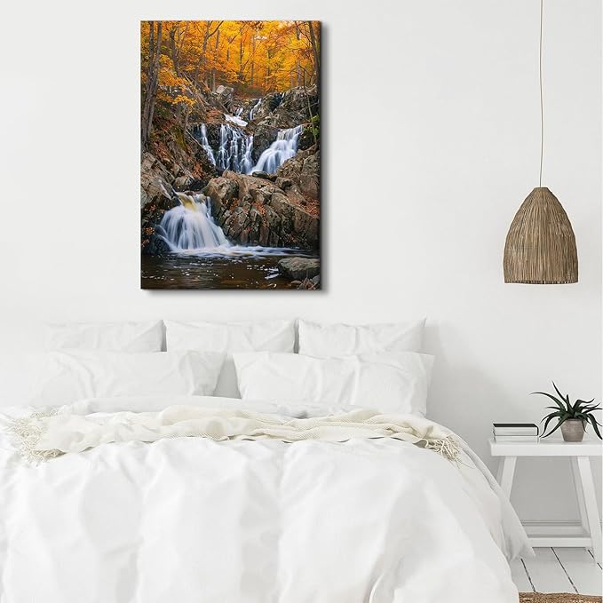 Autumn Orange Forest Wall Art Nature Waterfall Wall Decor Forest River Landscape Picture National Park Posters Rustic Trees Canvas Painting Artwork for Bathroom Living Room Home Decoration 32x48"