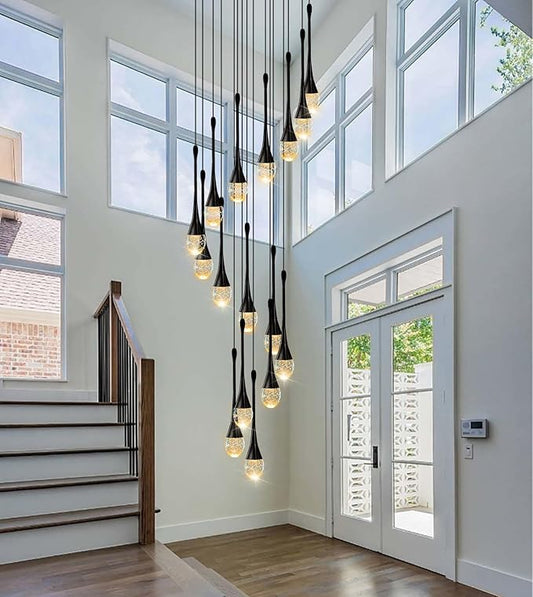 12-Light Black Raindrop Crystal Chandelier 120'' High Ceiling foyers Entrance Chandeliers Staircase Long Pendant Light Dimmbale LED 2700-6000K