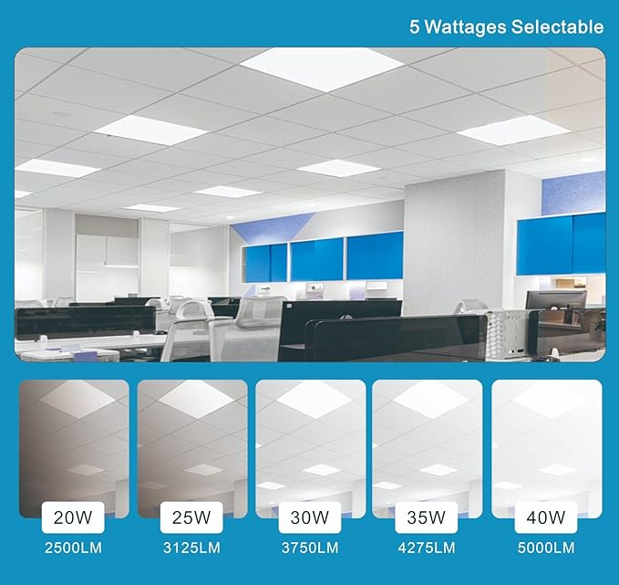 2X2 FT LED Light Flat Panel, 20-40W, 5 CCT 3K | 3.5k | 4K | 5K | 6.5K, Dimmable Recessed Drop Ceiling Lights, 2500/3125/3750/4275/5000 Lumens, Lay in Fixture for Office,120-277V, UL DLC (10 Pack)