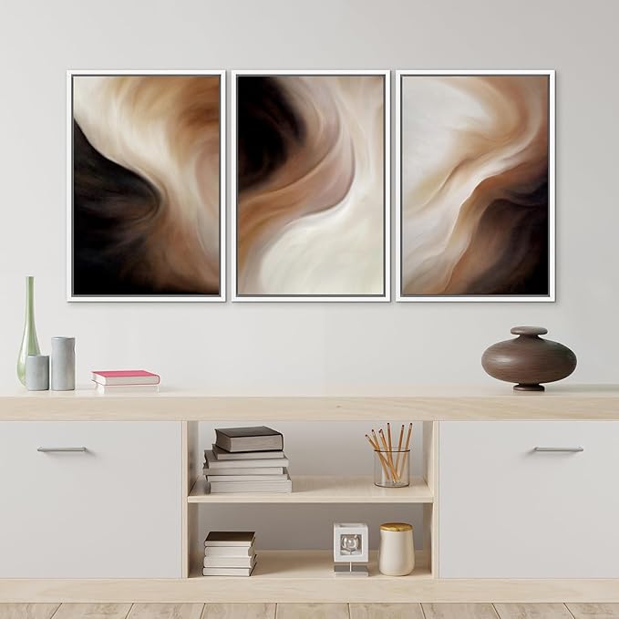 MUDECOR Framed Canvas Print Wall Art Abstract Neutral Brown and Beige Fluid Illustrations Realism Decorative for Living Room, Bedroom, Office - 24"x36"x3 White