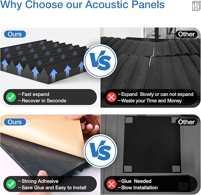 52 pack Acoustic Panels Self-Adhesive, 1" X 12" X 12" Quick-Recovery Sound Proof Foam Panels, Acoustic Foam Wedges High Density, Soundproof Wall Panels for Home Studio,black-01