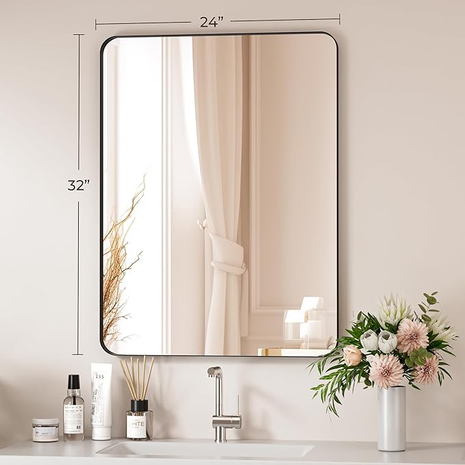 Black Bathroom Mirror 24X32 Inch Bathroom Vanity Mirror for Wall, Metal Frame Large Mirror, Tempered Glass, Modern Wall Mirror for Bathroom, Farmhouse, Horizontally or Vertically Hanging