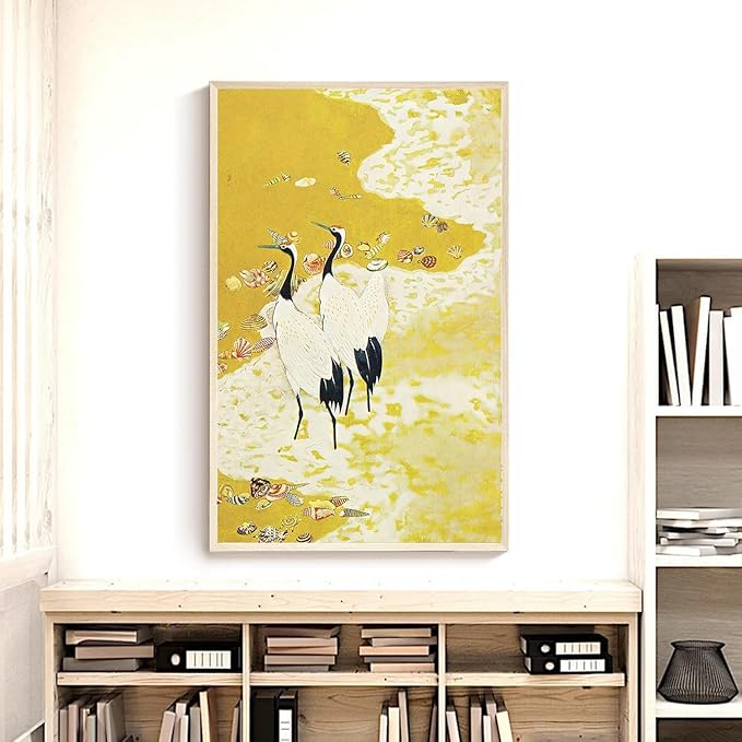 OZCONO Japanese Crane Beach Art Print, Unframed Gallery Quality Giclée Print, Yellow Coastal Bird Wall Decor with UV Resistant Inks (14L x 11W)
