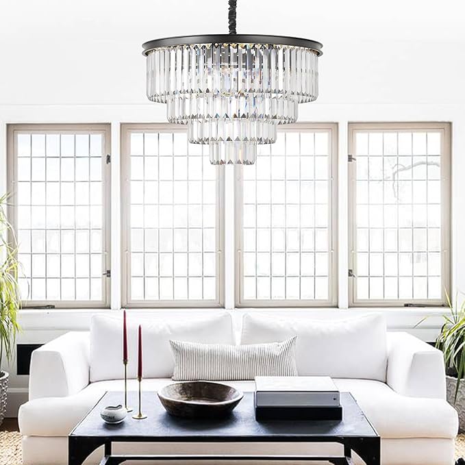 Modern Black Crystal Chandelier,4-Tier Round Pendant Ceiling Fixture with Height Adjustable Luxury Hanging Chandelier for Dining Room,Living Room,Entryway,Bedroom,Kitchen,and Foyer (Black Crystal-4)