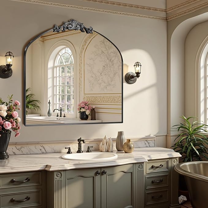 MISSDAY Vintage Arched Baroque Mirror for Wall, 36"X30" Antique Wall Mirror with Elegant Carving Top, Full Metal Frame Wall-Mounted Mirror for Bathroom, Living Room, Fireplace, Entryway, Matte Black