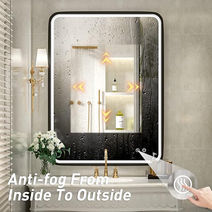 36x28 Inch LED Bathroom Mirror with Light,Black Metal Frame Lighted Vanity Mirror, Anti Fog Design&Dimmable&Touch Switch,Large Wall Mounted Makeup Mirror (Horizontal/Vertical)