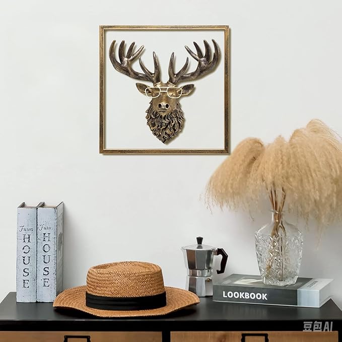 JJALIGHTS Animal Heads Wall Decor Resin Animals Sculptures Head Wall Hanging Decoration Imitation Copper vintage Wall Sculpture for Living Room Bedroom Office(Deer,include metal frames)