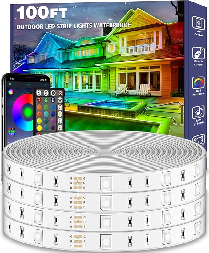 100ft Outdoor LED Strip Lights Waterproof,IP68 Outside Led Light Strips Waterproof with App and Remote,Music Sync RGB Exterior Led Rope Lights with Self Adhesive Back for Roof,Deck