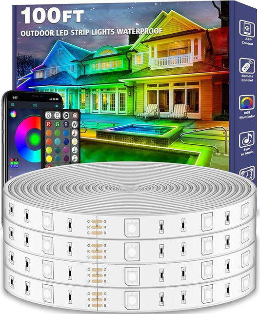 100ft Outdoor LED Strip Lights Waterproof,IP68 Outside Led Light Strips Waterproof with App and Remote,Music Sync RGB Exterior Led Rope Lights with Self Adhesive Back for Roof,Deck