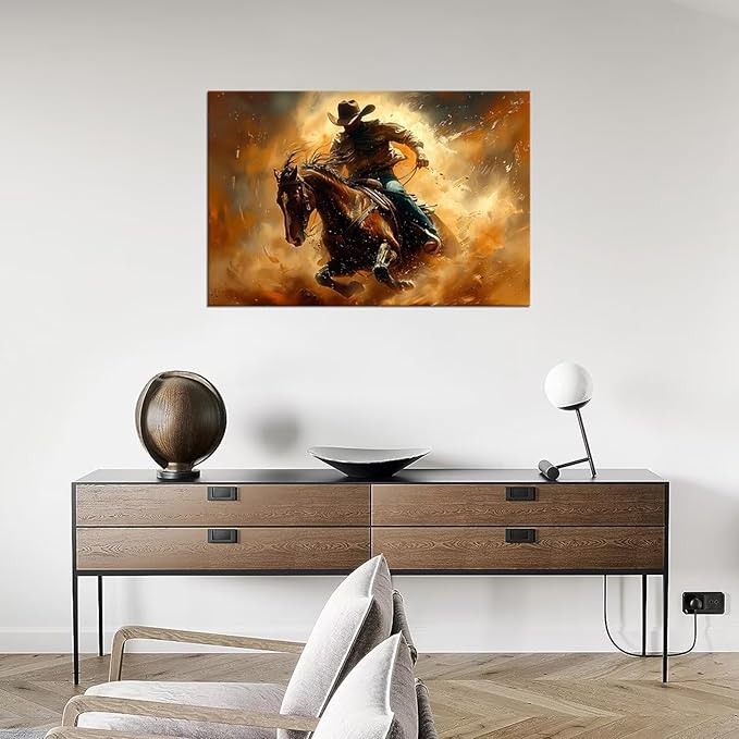 Cowboy Wall Decor for Bedroom Living Room Office Home Decoration Prints Desert Southwestern Pictures Vintage Western Artwork Painting Framed(12L x 16W)