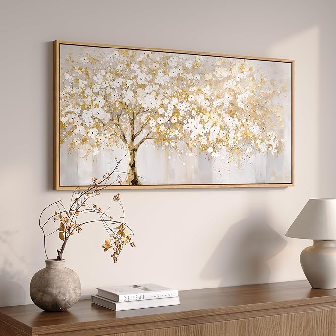 Large Framed Gold Tree of Life Wall Art, Neutral Gold Tree Canvas Painting Prints for Modern Rustic Home Decor, Gray White Golden Artwork for Living Room Kitchen Dining Room Bedroom Office, 20x40 In