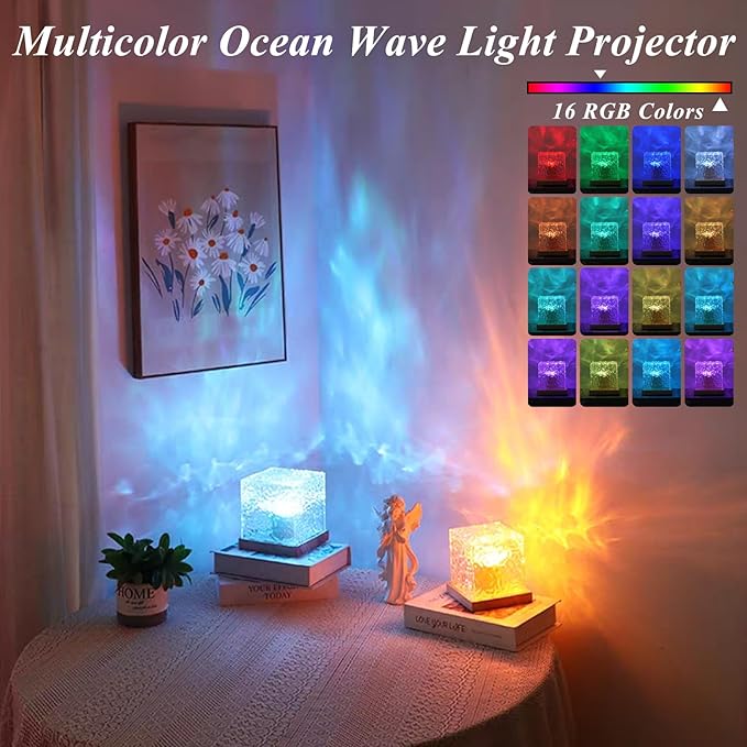 Aurora Ocean Wave Lights Projector,16 Colors 4 Modes Cube Color Changing Light Dimmable, Ambient Mood Lamp for Shower, Crystal Northern Lights for Bedroom Bathroom Playroom, with Remote (Large)
