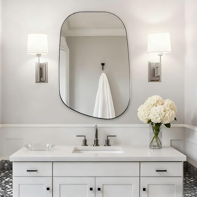 ANDY STAR Brushed Nickel Mirror, 24"x32" Silver Asymmetrical Wall Mirror for Bathroom, Unique Irregular Design with SUS304 Stainless Steel Metal Frame, Ideal for Bathroom, Bedroom, Entryway