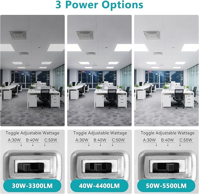 2x2 LED Flat Panel Light for Drop Ceiling, 0-10V Dimmable, 30W/40W/50W Selectable, 4CCT 3000K/4000K/5000K/6000K, Up to 5500LM, ETL Listed, 100-277V, 16 Pack