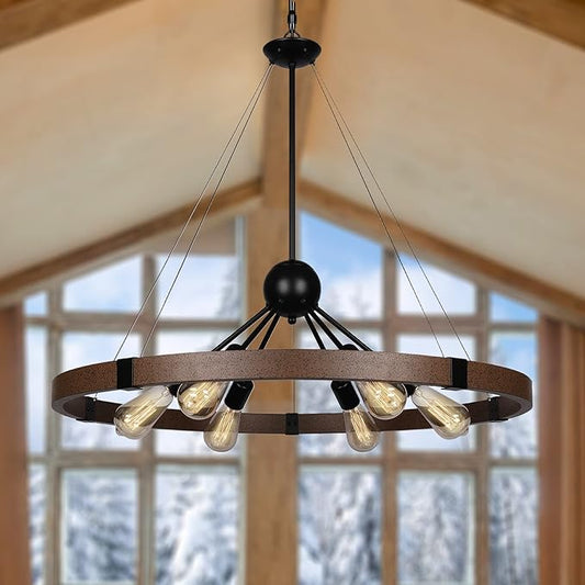 31.5'' Farmhouse Chandeliers for Dining Room, Rustic Wagon Wheel Chandelier for Entryway, Sputnik Light Fixture for Breakfast Area Stairwell Bedroom Foyer, Vintage Rust and Black Finishe